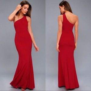Lulu’s Brittany Wine Red One Shoulder Maxi Dress